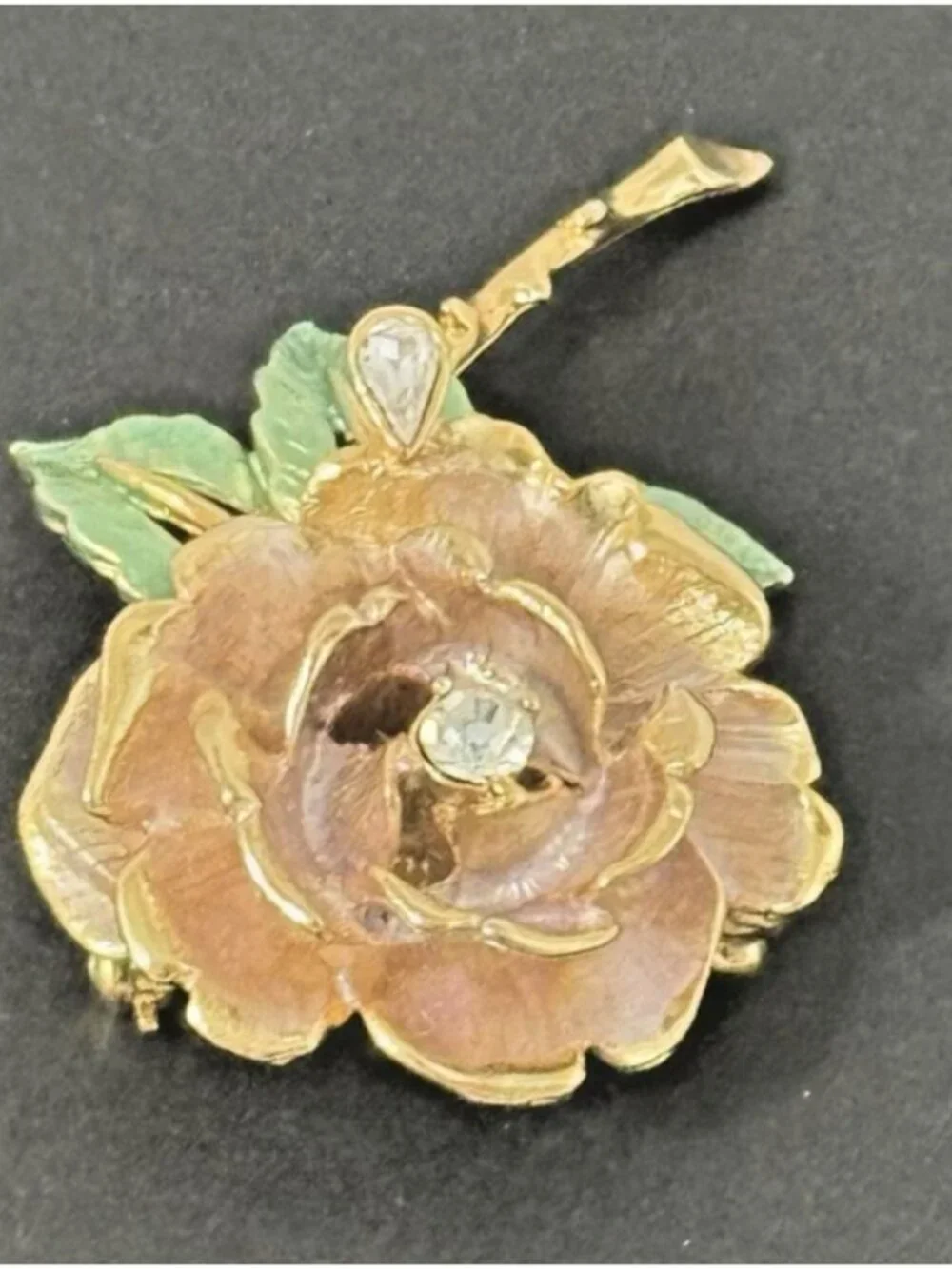 England's Rose R.J. Graziano 1997 Flower Brooch Pin Gold Tone Enamel Rhinestone